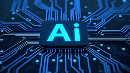 Fototapete - Glowing neon AI chip with thin circuit lines futuristic tech and semiconductor technology