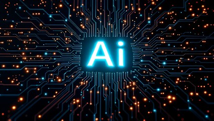 Fototapete - AI chip glowing neon light with thin circuit lines and semiconductor on tech background