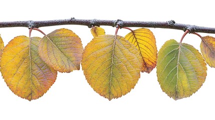 A branch with autumn leaves in various shades of yellow, orange, and green, isolated on a white background.