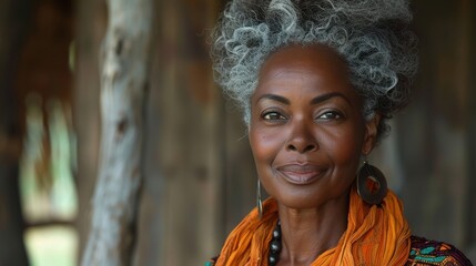 Graceful African woman with natural gray hair smiles warmly against a rustic wooden backdrop at sunset. Generative AI