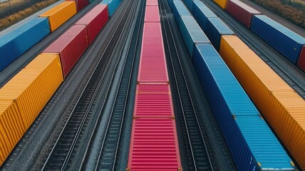 Aerial view of colorful shipping containers aligned on railway tracks, showcasing a vibrant logistics hub.