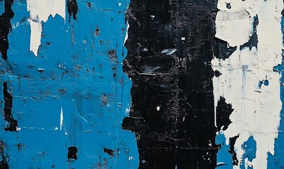 Poster - A textured wall featuring peeling paint in shades of blue, black, and white, showcasing layers of color and weathered surfaces.