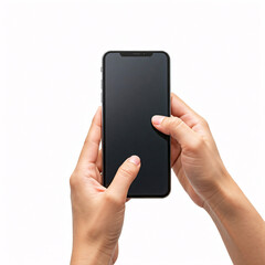 hand holding smartphone with blank screen on white background