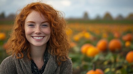 A happy young woman with ginger curly hair in a pumpkin patch field during a Halloween autumn festival