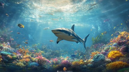 Poster - Majestic Shark Swimming in Vibrant Coral Reef