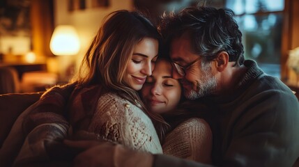 A loving embrace between family members in a warm indoor space filled with soft light and gentle touches