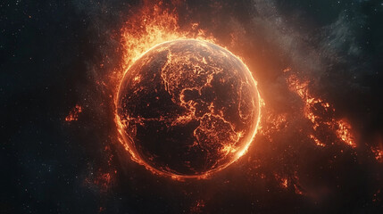 burning planet Earth in space, set against a bright blue backdrop. This powerful visual symbolizes climate change, environmental crisis, and the urgent need for global awareness