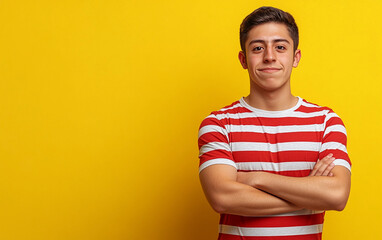 Wall Mural - A young man in a striped shirt is smiling and posing for a picture. The yellow background adds a bright and cheerful atmosphere to the image