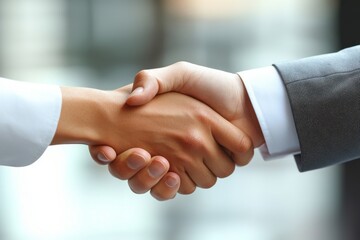 Two businesspeople shaking hands, symbolizing a successful deal or partnership.