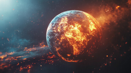 burning planet Earth in space, set against a bright blue backdrop. This powerful visual symbolizes climate change, environmental crisis, and the urgent need for global awareness