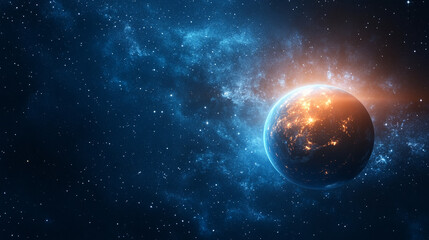 burning planet Earth in space, set against a bright blue backdrop. This powerful visual symbolizes climate change, environmental crisis, and the urgent need for global awareness