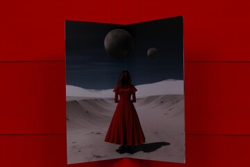 A lone figure in a red dress stands against a surreal landscape with dark planets on a stark, contrasting background.