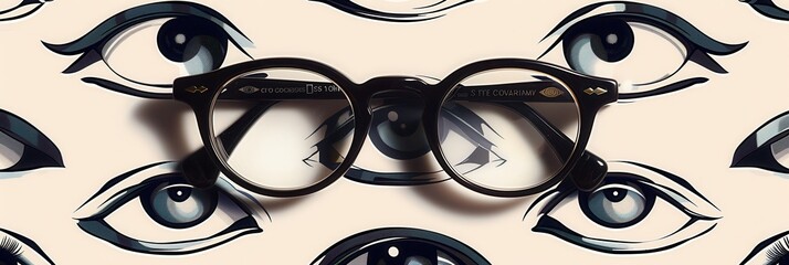 Wall Mural - The eyeglasses are elegantly placed on a backdrop adorned with various stylized eye illustrations, showcasing modern design. Generative AI