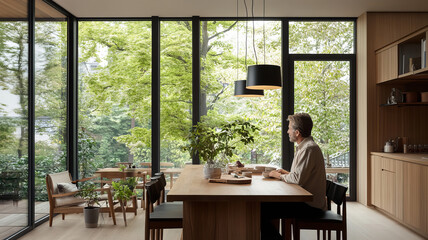 A serene indoor scene featuring man sitting at wooden table, surrounded by lush greenery visible through large glass windows. modern design and natural light create peaceful atmosphere