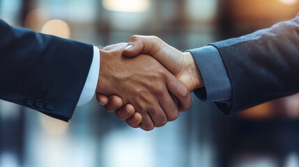 Two businessmen shaking hands in a close-up shot, signifying a deal, agreement, or partnership.