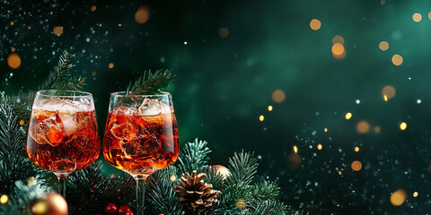 Two Aperol Spritz cocktails with ice in festive glasses surrounded by Christmas decorations and pine branches. Green background with bokeh lights. Holiday celebration concept. 