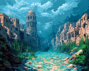 pixel art game asset of a ruined city bordering a turquoise river with lush foliage along the edges 