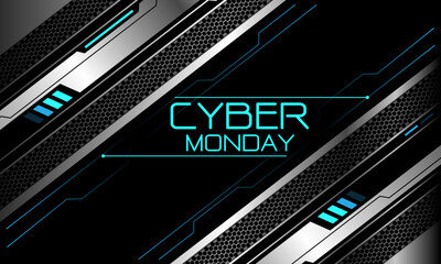 Poster - Abstract cyber Monday technology futuristic metal black line blue light power hexagon mesh geometric design creative background vector