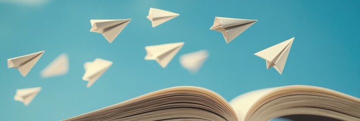 Ideas in Motion, paper airplanes soaring from an open book, representing creativity and inspiration, dynamic visual metaphor for imagination