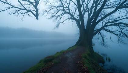 A misty lake morning with calm water reflecting trees and a mysterious path Low angle shot emphasizes tree majesty