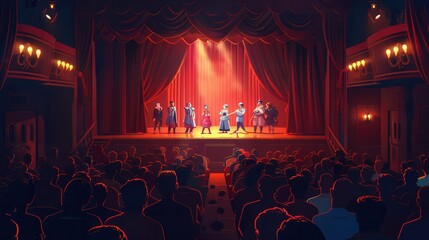 Aufkleber - A lively performance unfolds on stage with actors in costumes captivating an attentive audience at a theater venue. Generative AI