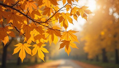 golden maple leaves on branch against blurred autumn background