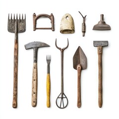 Isolated images of various farming tools on a white background. isolated on white background.