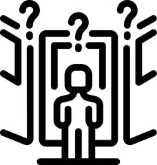 Poster - Bold black icon of a man making a difficult decision, choosing between three doors, each marked with a question mark