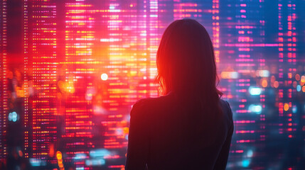 female businesswoman stands confidently with her back to the camera, immersed in a virtual cyber tech environment. The glowing screens and futuristic elements symbolize innovation and empowerment