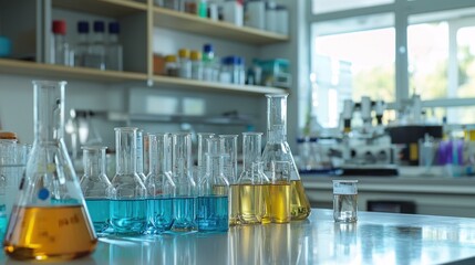 An organized chemistry lab with beakers, pipettes, and Bunsen burners in use.