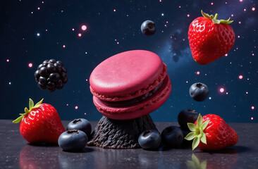 Wall Mural - photography of dark red macarons, strawberries, blueberries and blackberries flying in the universe