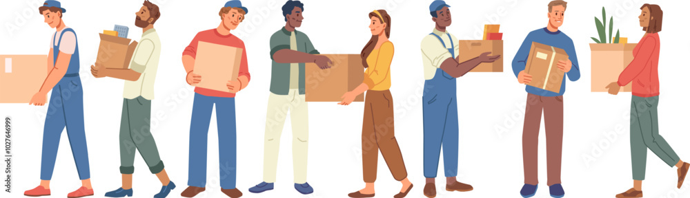 Moving relocation cartoon people carrying boxes Stock Vector | Adobe Stock