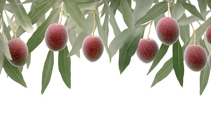 A row of red olives hanging from a branch with green leaves.