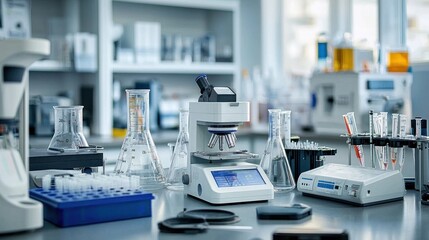 A diverse array of scientific lab instruments, including spectrophotometers and balances.