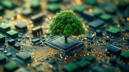 Poster - A vibrant green tree grows on a circuit board, symbolizing eco-friendly technology and sustainable innovation