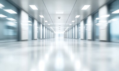 Poster - A modern, illuminated corridor with a reflective floor and glass walls, creating a spacious and airy atmosphere.