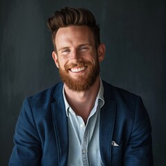 A smiling professional man in a suit exudes confidence and approachability in a bright indoor space