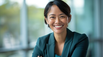 A confident Asian woman in a green blazer smiles, radiating success and positivity