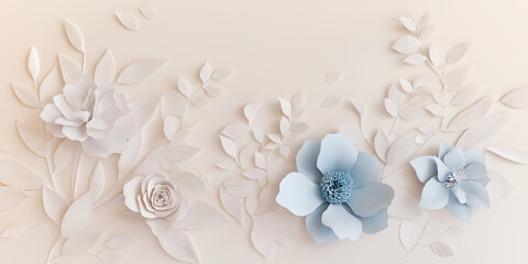 Aufkleber - Blue and white paper flowers and leaves forming floral background