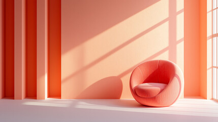 Poster - modern and playful pink chair is positioned against soft peach wall, illuminated by gentle sunlight streaming through large windows, creating warm and inviting atmosphere