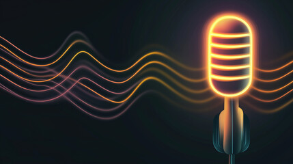 Poster - Neon microphone glowing with sound waves background