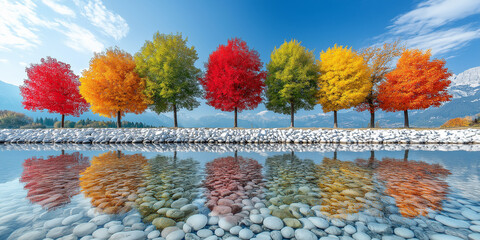 Aufkleber - Colorful autumn trees reflecting in the water of a lake