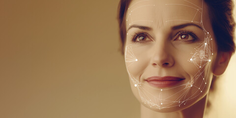 Leinwandbilder - Beautiful woman smiling with facial recognition software analyzing her face
