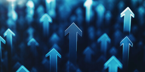 Poster - Many blue arrows pointing up representing business success growth