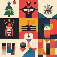 Poster - Modern graphic designs featuring bold colors and geometric shapes, including Christmas tree, abstract figures, and festive elements, create vibrant and playful composition
