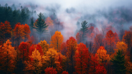 Aufkleber - Fog rolling over vivid colorful forest during peak autumn season