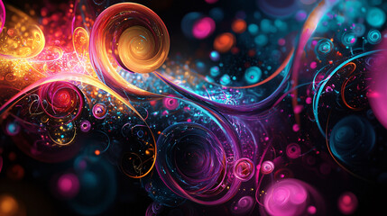 Poster - Vibrant abstract shapes swirl in colorful display of light and motion, creating mesmerizing visual experience. dynamic patterns evoke sense of energy and creativity