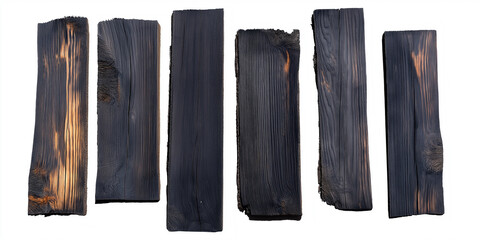Poster - Set of charred wood planks is lying on a white background