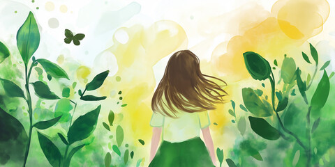 Aufkleber - Woman walking into abstract green and yellow nature scene