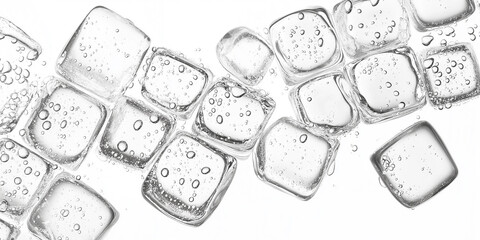 Poster - Ice cubes floating in water with bubbles on white background